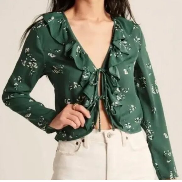 Abercrombie & Fitch Floral Green Tie Front Ruffle Blouse Size XS - Picture 1 of 5